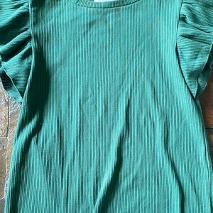 LOFT Emerald Ribbed Blouse with Ruffled Sleeves